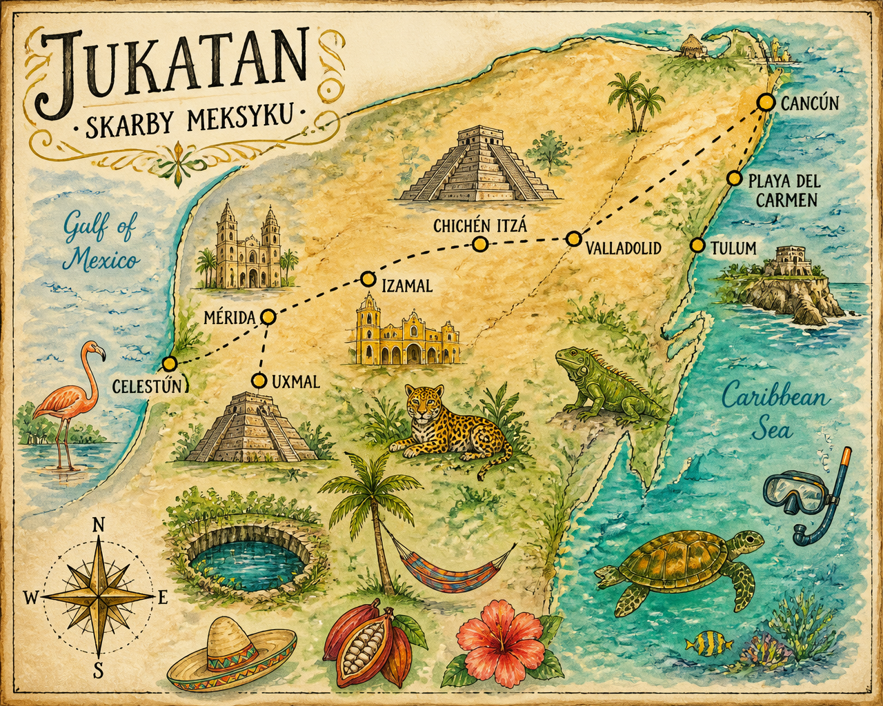 Ilustrowana mapa Jukatanu - Cancún, Playa del Carmen, Tulum, Valladolid, Chichén Itzá, Izamal, Mérida, Uxmal, Celestún
