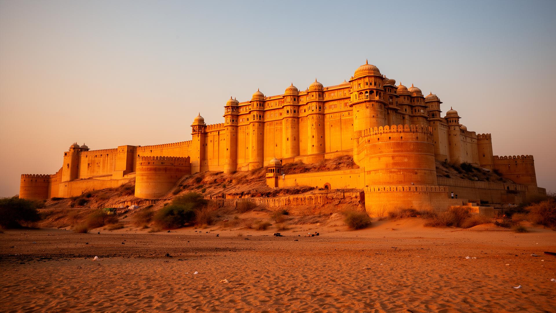 Złoty fort w Jaisalmer skąpany w świetle zachodzącego słońca na pustyni Thar, Indie