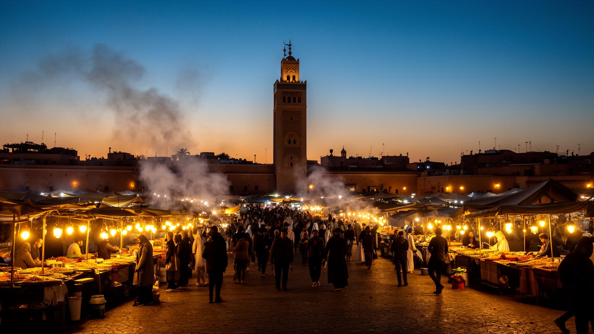 Tętniący życiem plac Dżamma el-Fna w Marrakeszu o zmierzchu, Maroko