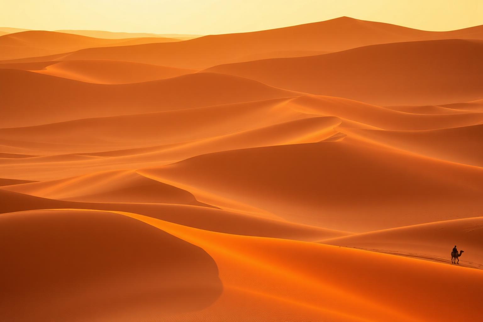 Wydmy Erg Chebbi w pobliżu Merzougi o wschodzie słońca - pomarańczowy piasek Sahary, sylwetka wielbłąda