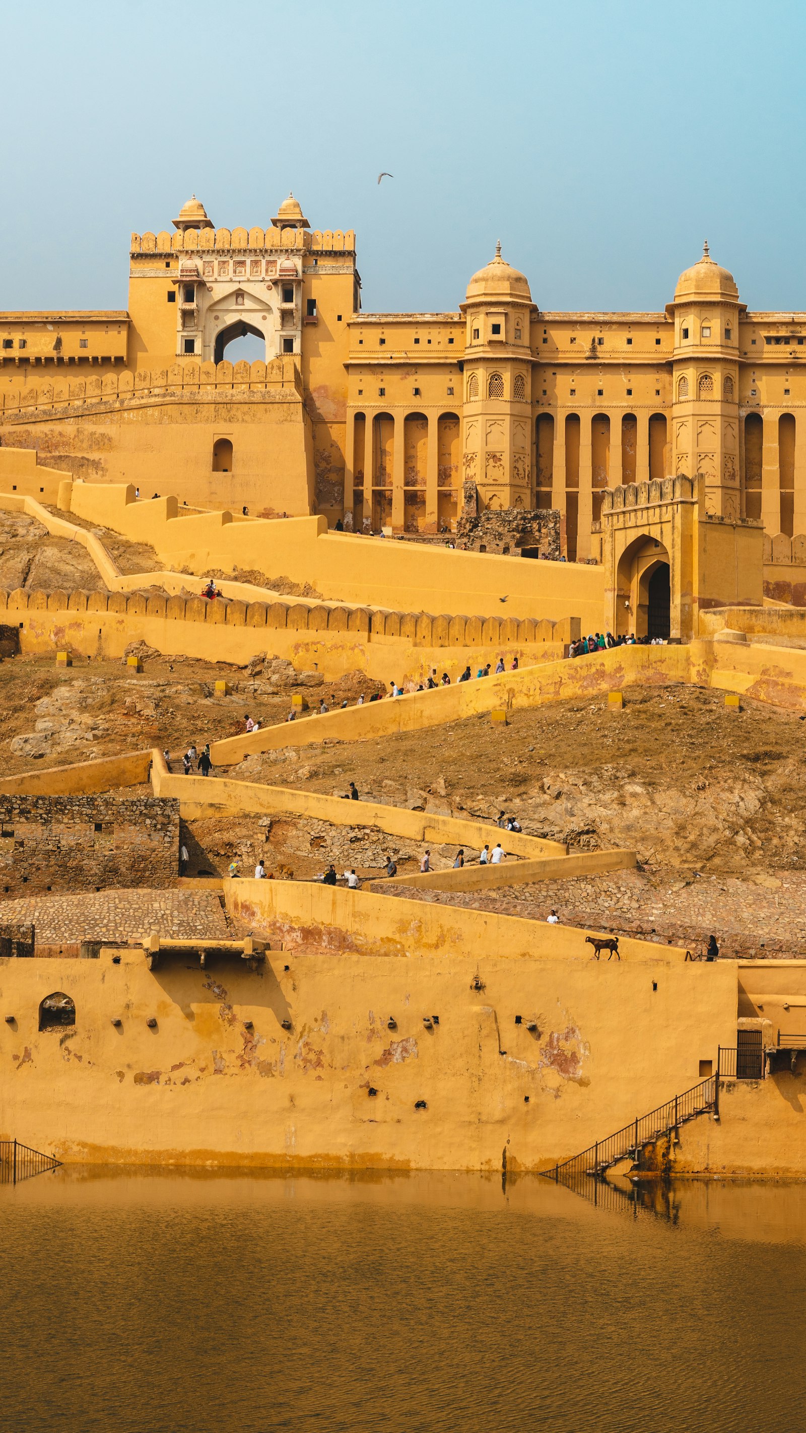 Ulica w Jaipurze przy Hawa Mahal - kobiety w sari, riksza z mango, poranna mgła
