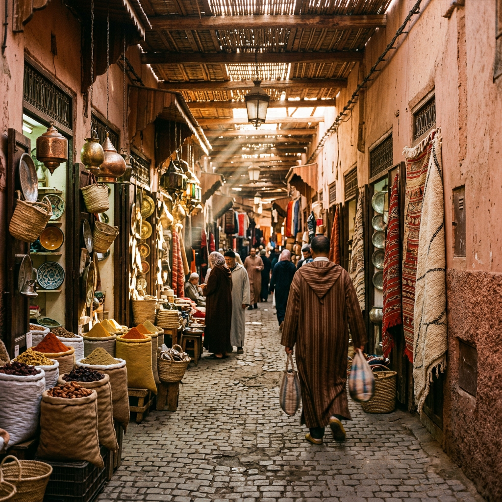 Kolorowe suki w medynie Marrakeszu